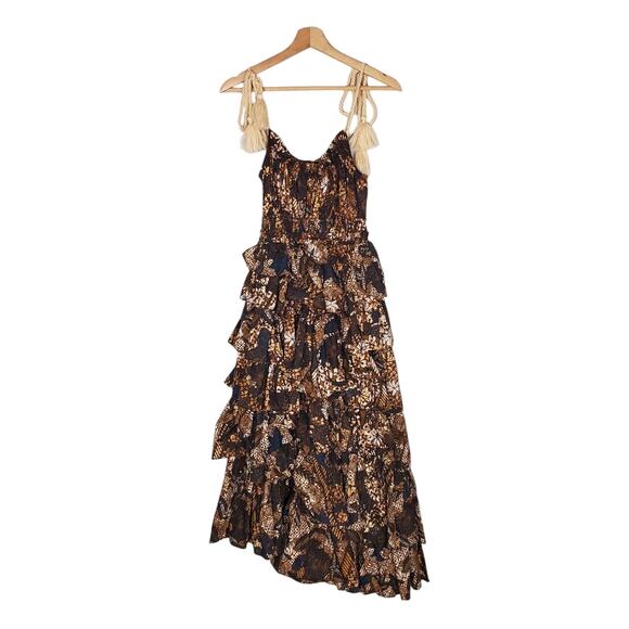 Ulla Johnson Estela Asymmetric Tiered Floral-Print Dress Bronze Brown Size 2 - Picture 4 of 12